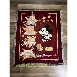 Disney Woven Tapestry Throw Blanket Maroon Mickey Mouse Parks Excellent 48x58